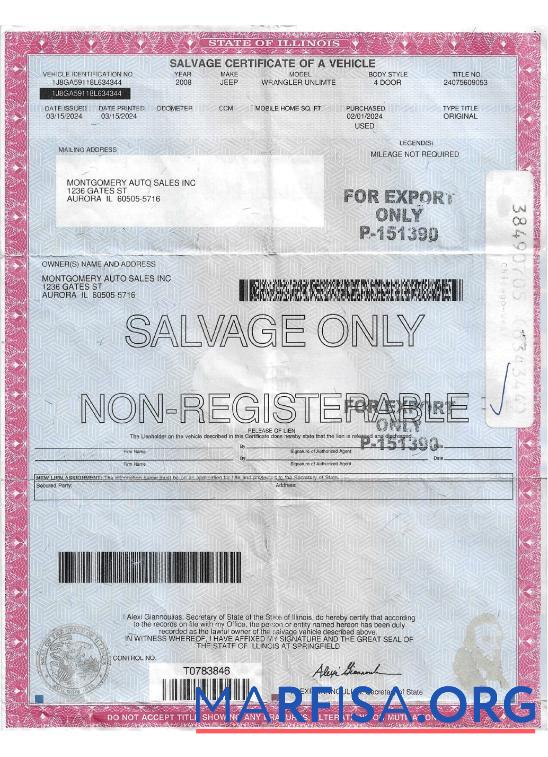 Downloadable USA Illinois salvage certificate of a vehicle real example